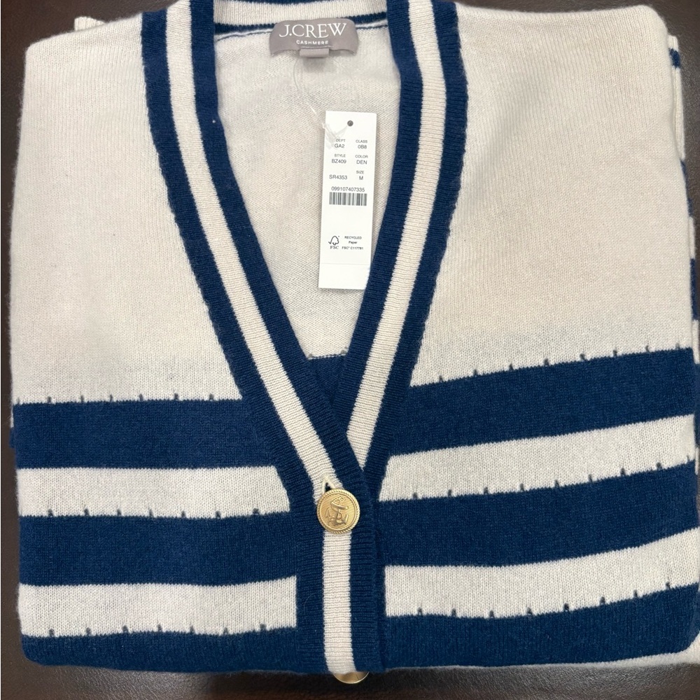 J. Crew Navy and White/Cream Cashmere Cardigan Sweater